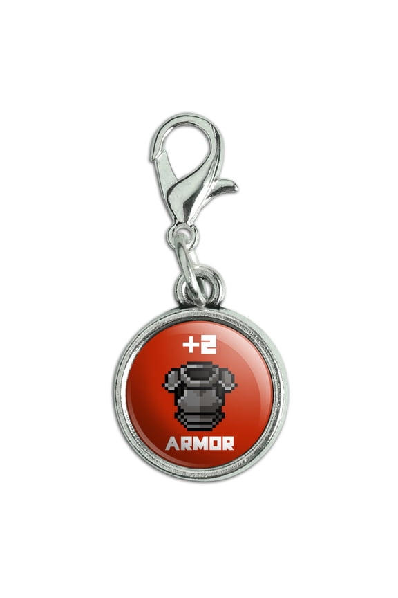 8-Bit Pixel Retro Plus Two Armor Gamer Game Antiqued Bracelet Pendant Zipper Pull Charm with Lobster Clasp