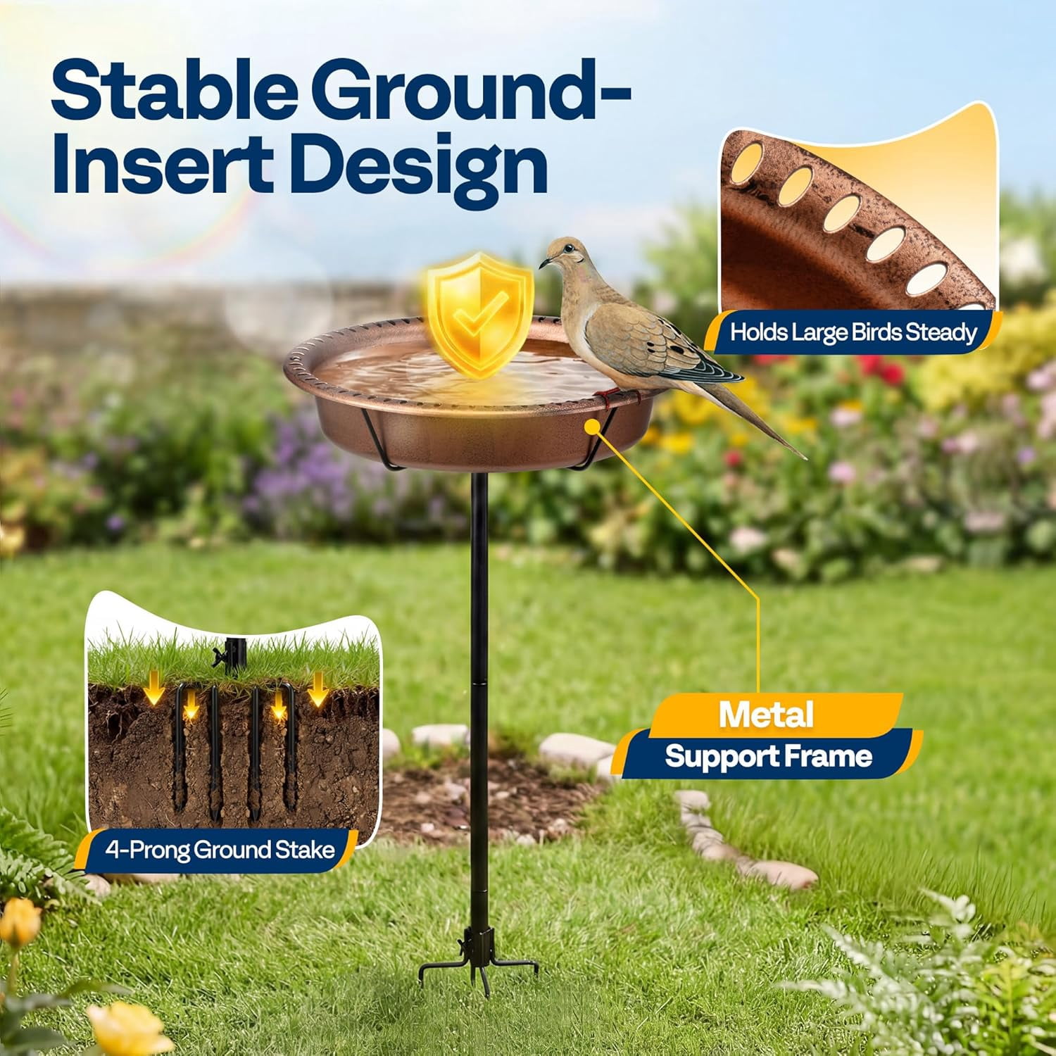 SPECSTAR Oval Bird Bath for Outside, Outdoor Birdbath Bowl with Metal Ground Stake, Weather-Resistant ABS Bird Bath and Feeder for Garden, 1.3 Gallons, Bronze