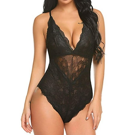 

Kilkwhell Women s Sexy See-through Lace Teddy Bodysuit One Piece Lingerie Underwear Babydoll Mini Bodysuit Black/Red