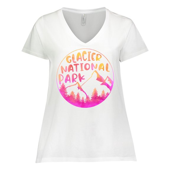 Inktastic Glacier National Park Montana Pink Mountains Women's Plus Size V-Neck T-Shirt