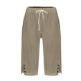 thumbnail image 4 of Cotton Linen Capris for Women Casual Summer Straight Leg Loose Trousers Drawstring Elastic Waist Pull On Pants with Pockets Light Brown S, 4 of 7