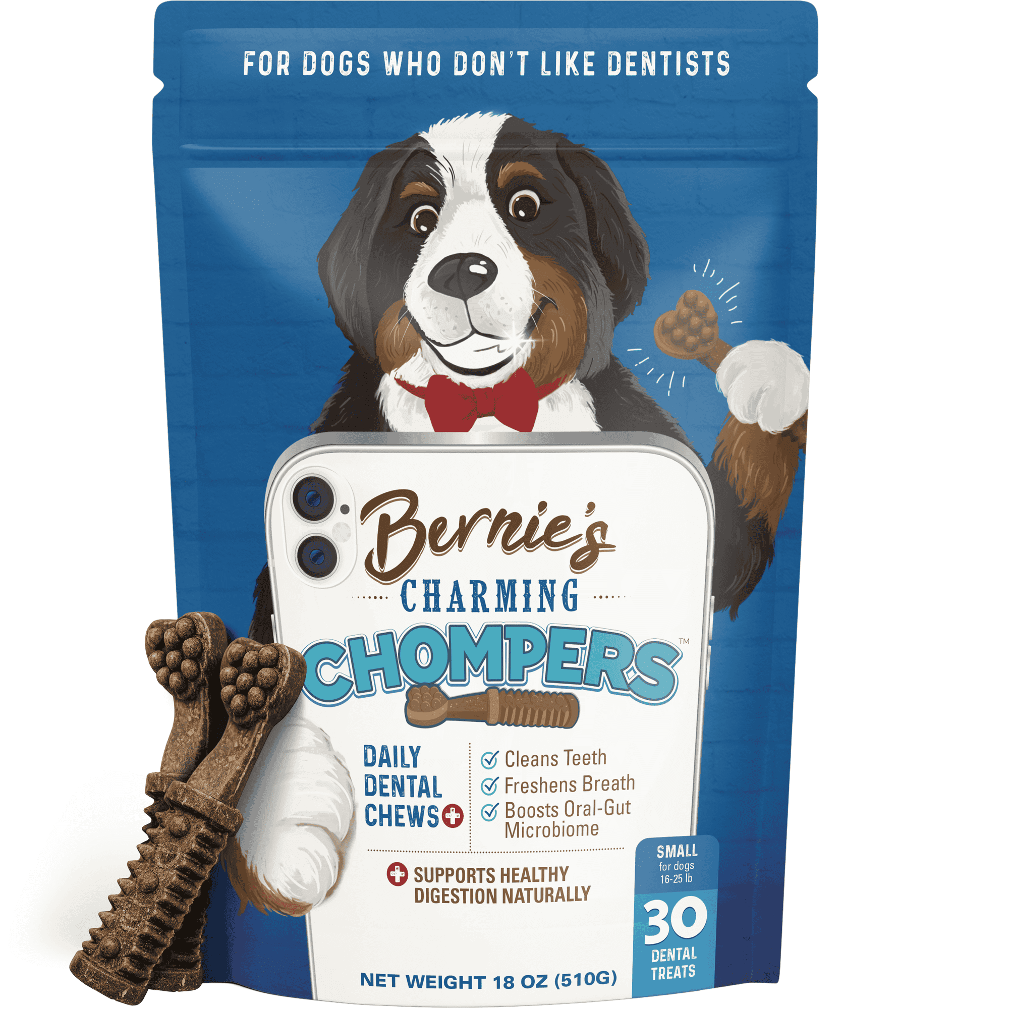 Bernie's Charming Chompers - Daily Dental Chews for Dogs 15-25 Lbs. - 30 Count - Cleans Teeth, Freshens Breath, + Boosts Oral-Gut Microbiome. Easy to Digest, Supports Healthy Digestion Naturally
