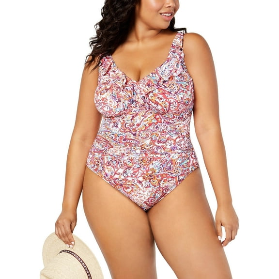 Ralph Lauren Plus Ruffled Underwire Tummy-Control One-Piece Swimsuit Plum Multi 16W