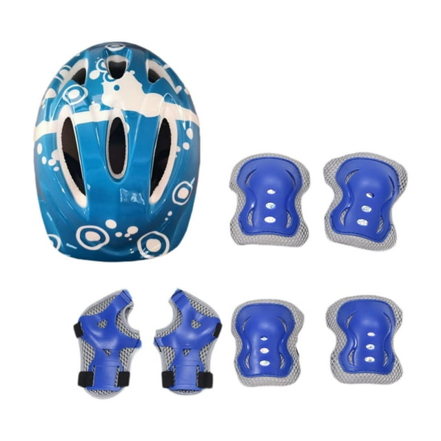 Kit de 7 cascos de bicicleta para niños con rodilleras, coderas y muñequeras, protectores portátiles para coderas y rodilleras, equipo de protección Azul profundo