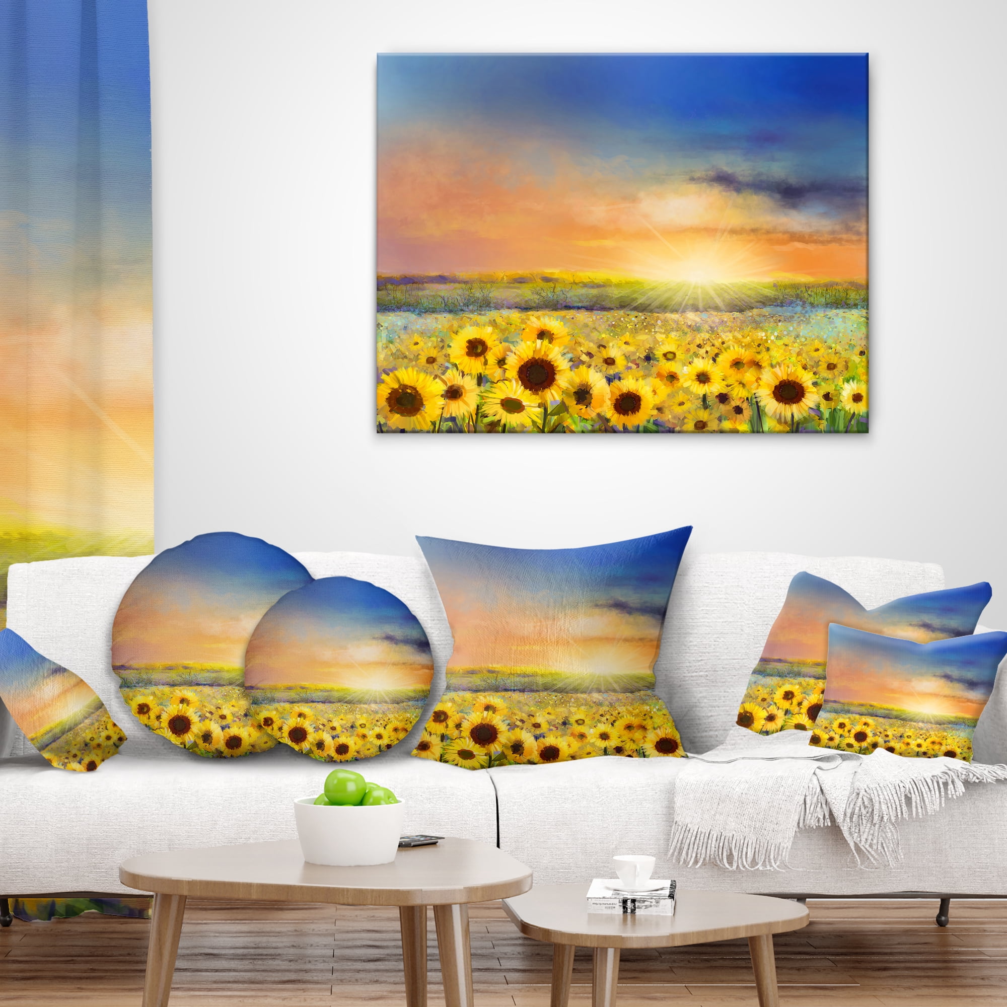 Designart Sunset over Golden Sunflower Field - Floral Throw Pillow - 16x16