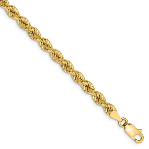 Real 14kt Yellow Gold 4mm Regular Rope Chain; 9 inch; Lobster Clasp; for Adults and Teens