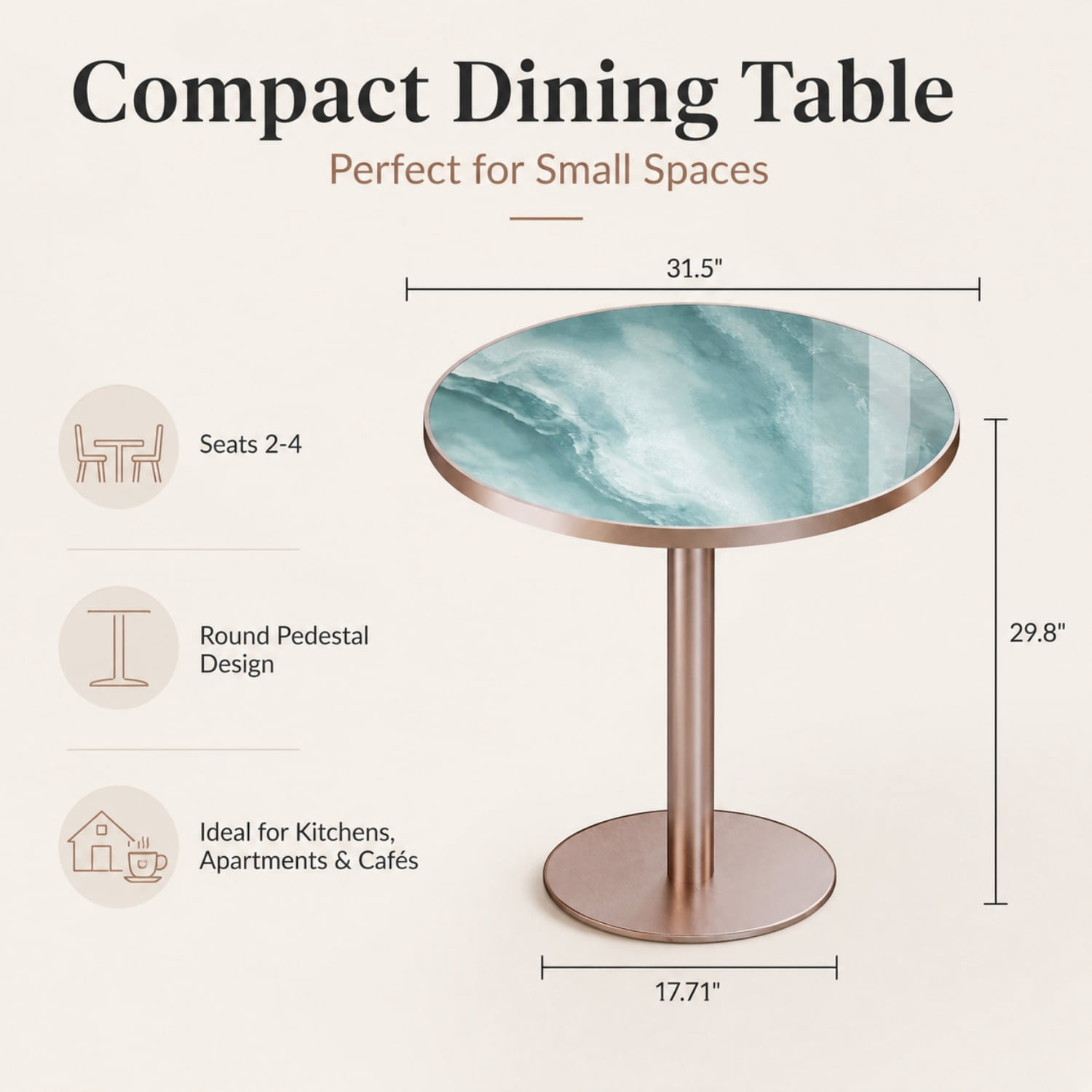 Miniyam 31.5 Inch Round Dining Table for 2 to 4, Sintered Stone Top, Tulip-Style Pedestal Kitchen Table, Green