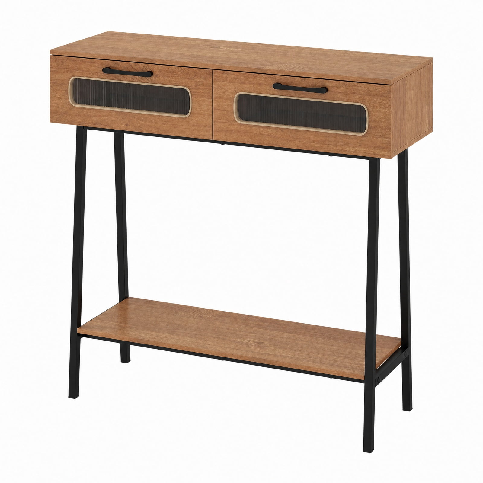 Furnibear Console Table with LED Lights and Open Shelf Entryway Table with 2 Drawers for Living Room Hallway Entrance Sofa, Natural