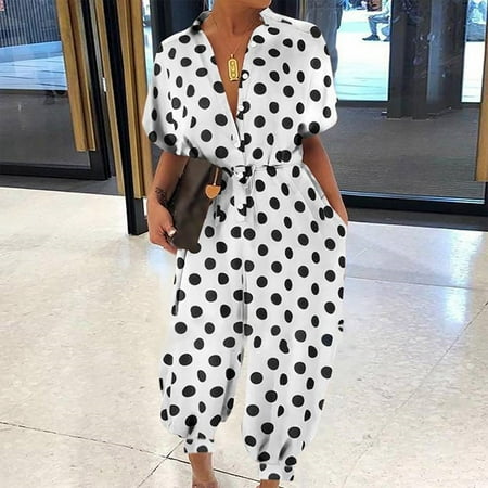 

Dasayo White Loose Jumpsuits for Women Woman s Dots Printing Short Sleeve Button Rompers Trousers Casual Fashion