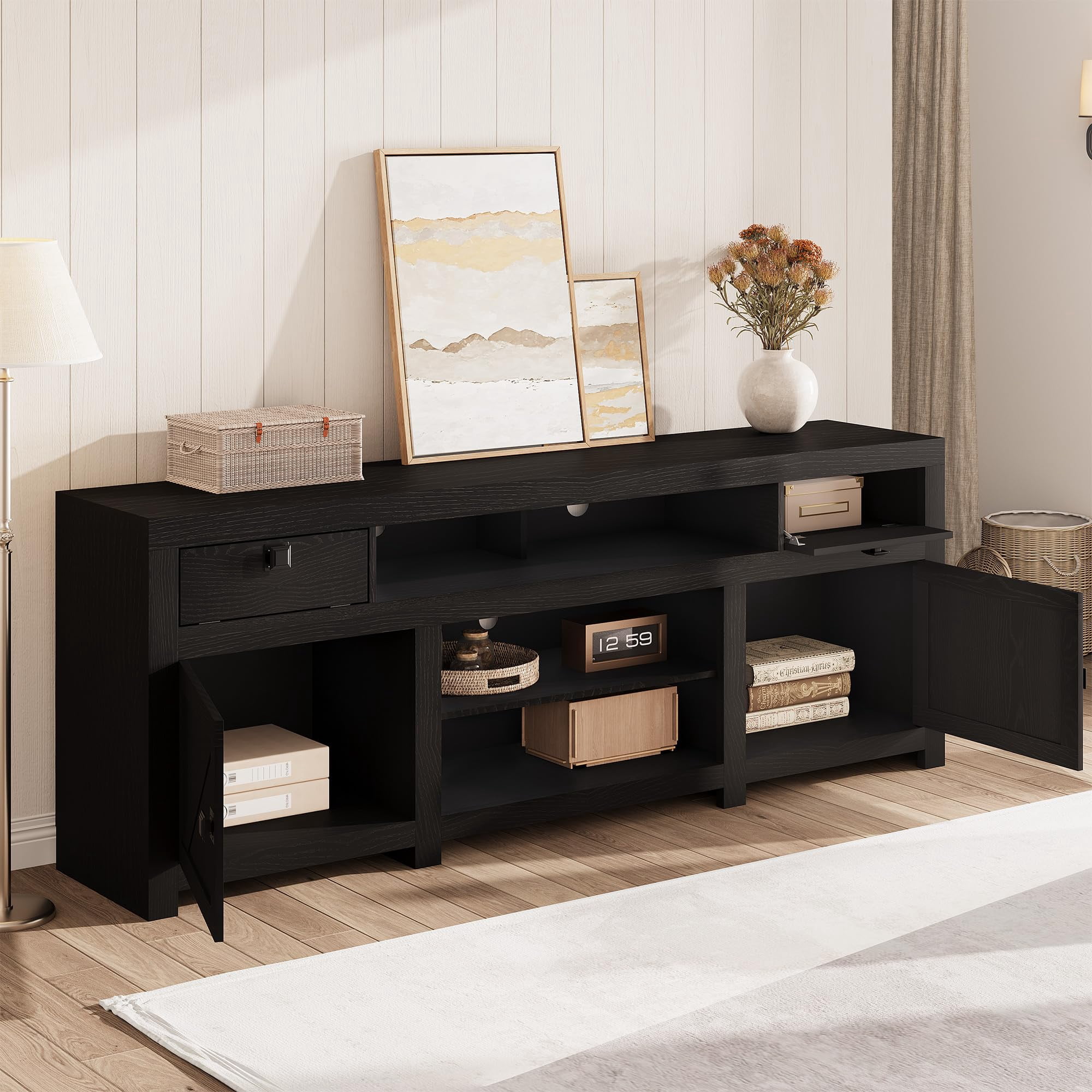 70-Inch Farmhouse TV Stand for TVs Up to 80", Entertainment Center with 4 Storage Drawers & 3 Open Shelves for Living Room-Black