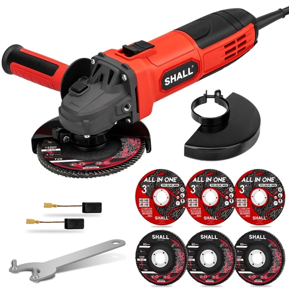 SHALL 4-1/2 Inch 11000 RPM Angle Grinder 4Amp with 2 Guards, 3 Cutting Discs, 3 Grinding Wheel, Non-Slip Handle, Wrench and Carbon Brush for Metal an