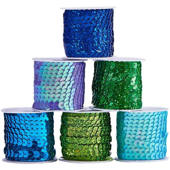 30 Yards Mermaid Flat Sequin Strip 6mm Blue Spangle Flat Sequins Sewing Trim Paillette Spool String Metallic Shiny Sewing Trim for Mermaid Costume Dress Embellish Headband