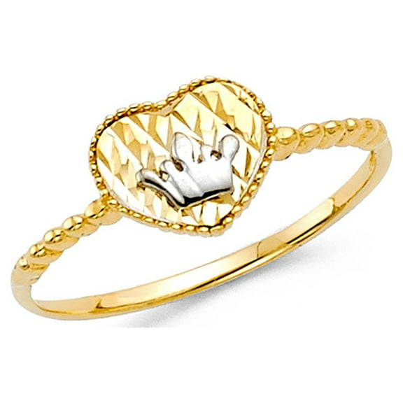 Heart & Crown Ring Solid 14k Yellow White Gold Queen of Hearts Band Two Tone Diamond Cut 8MM Size 7