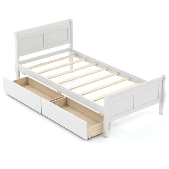 Barara King Twin Size Sleigh Bedroom Bed Frame with 2 Storage Drawers, Wood Bed Platform Frame for Apartment, Bedroom, White