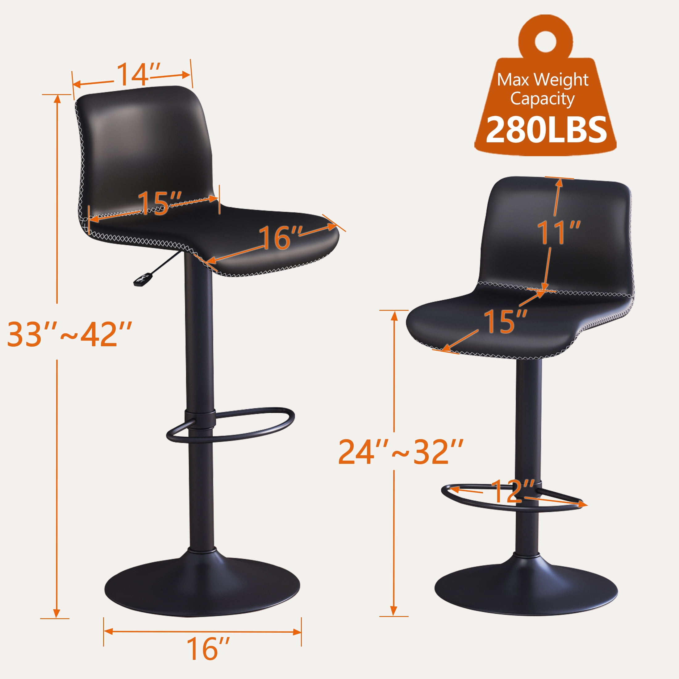 FIRAVOE Swivel Bar Stools Set of 4, Counter Height Bar Stools with Back, Adjustable Bar Stools 24" to 32", Black Leather Kitchen Barstools Counter Stools Island Bar Chairs