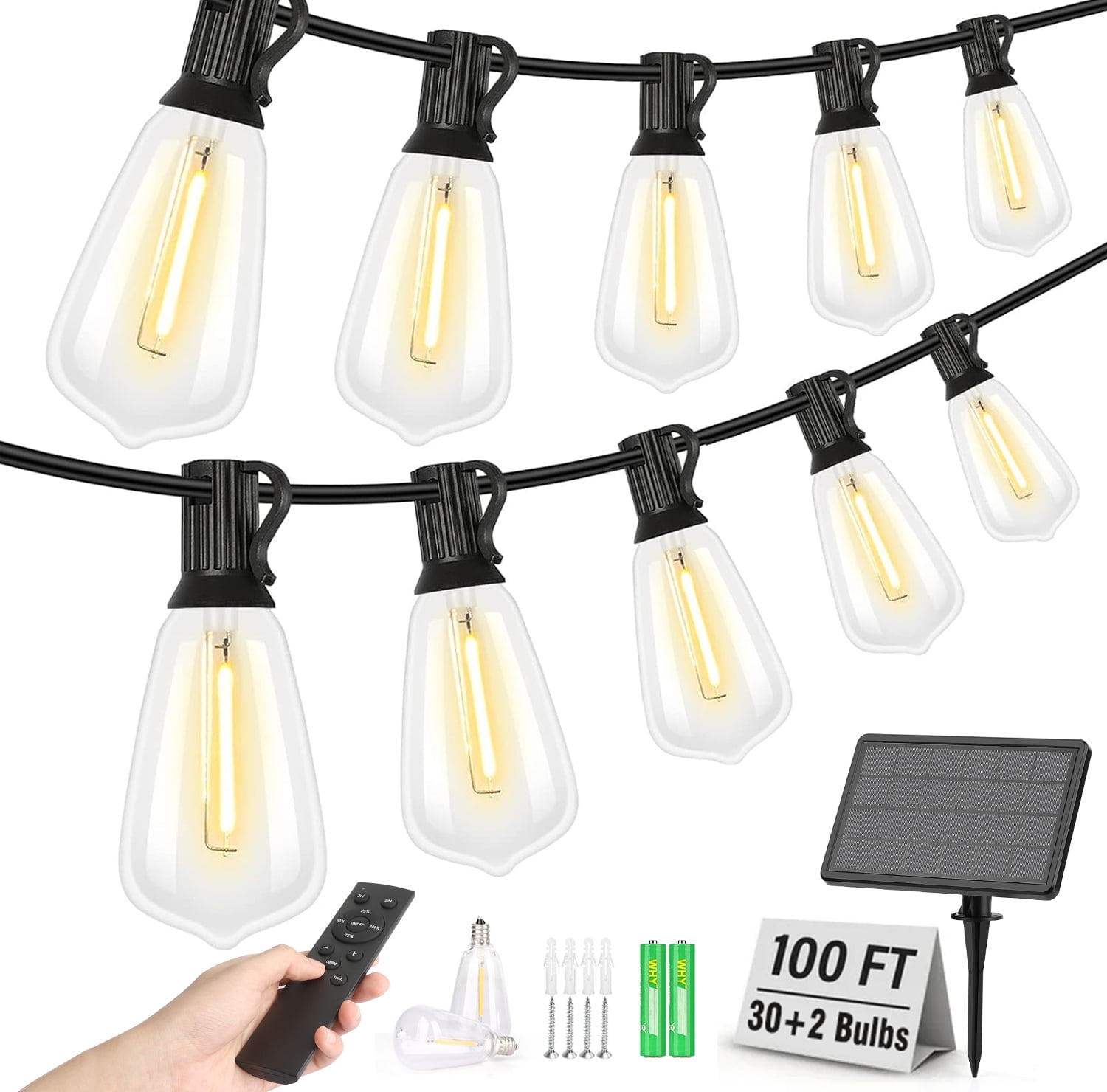 Mibote 100 Ft Solar String Lights with Remote, 32 Edison Bulbs photo 1