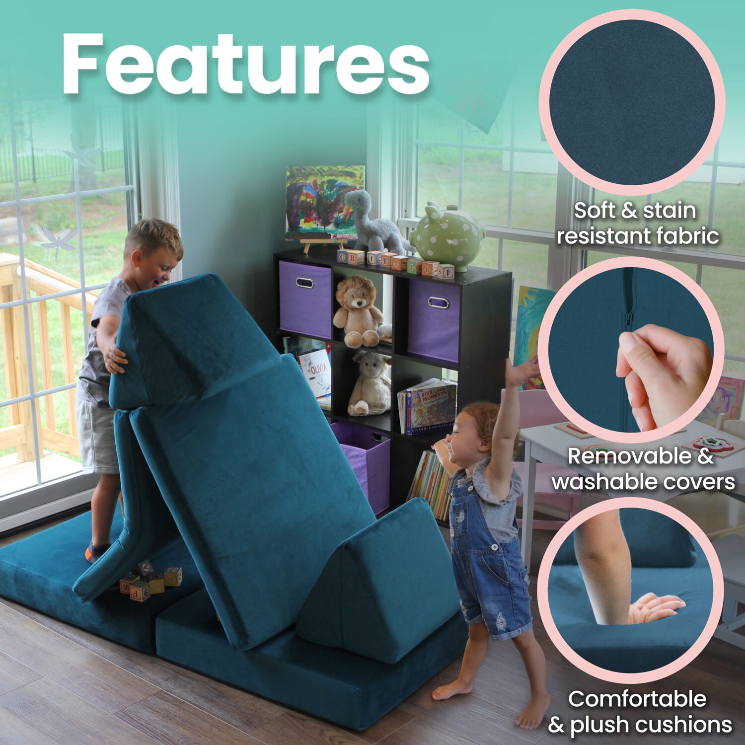 Critter Sitters Kids Lil Lounger | Play Couch | Modular Sofa | Fort Building, Open Ended Play | Sturdy Foam | Washable Covers | Durable | Flexible Seating for Playroom, Kids Room