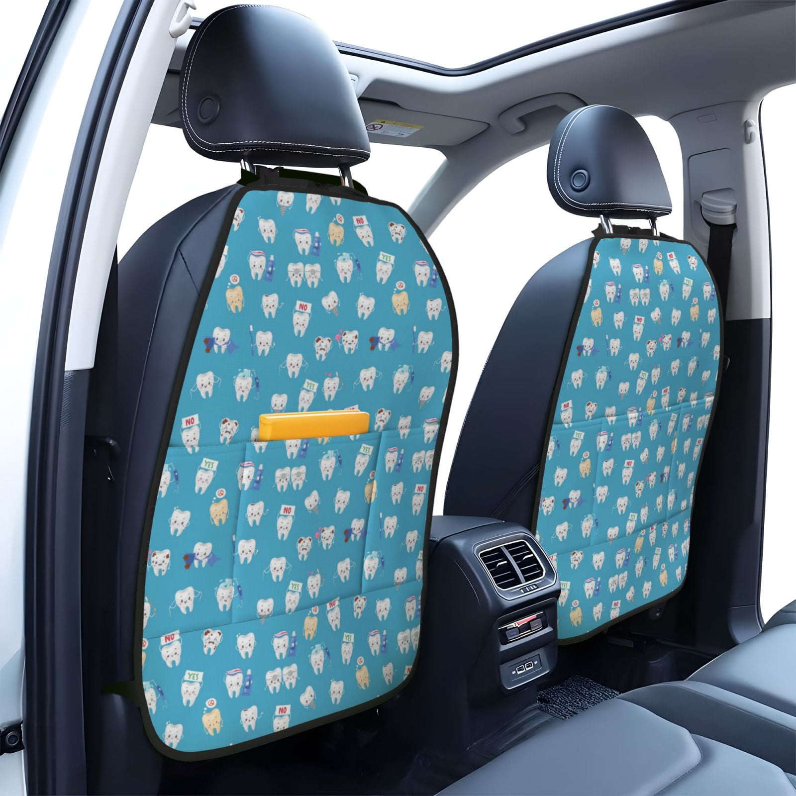 Xecao Healthy And Ill White Teeth Pattern Car Seat Back Protector 2 Pack Large Capacity Pocket, Kick Mats Back Seat Protector