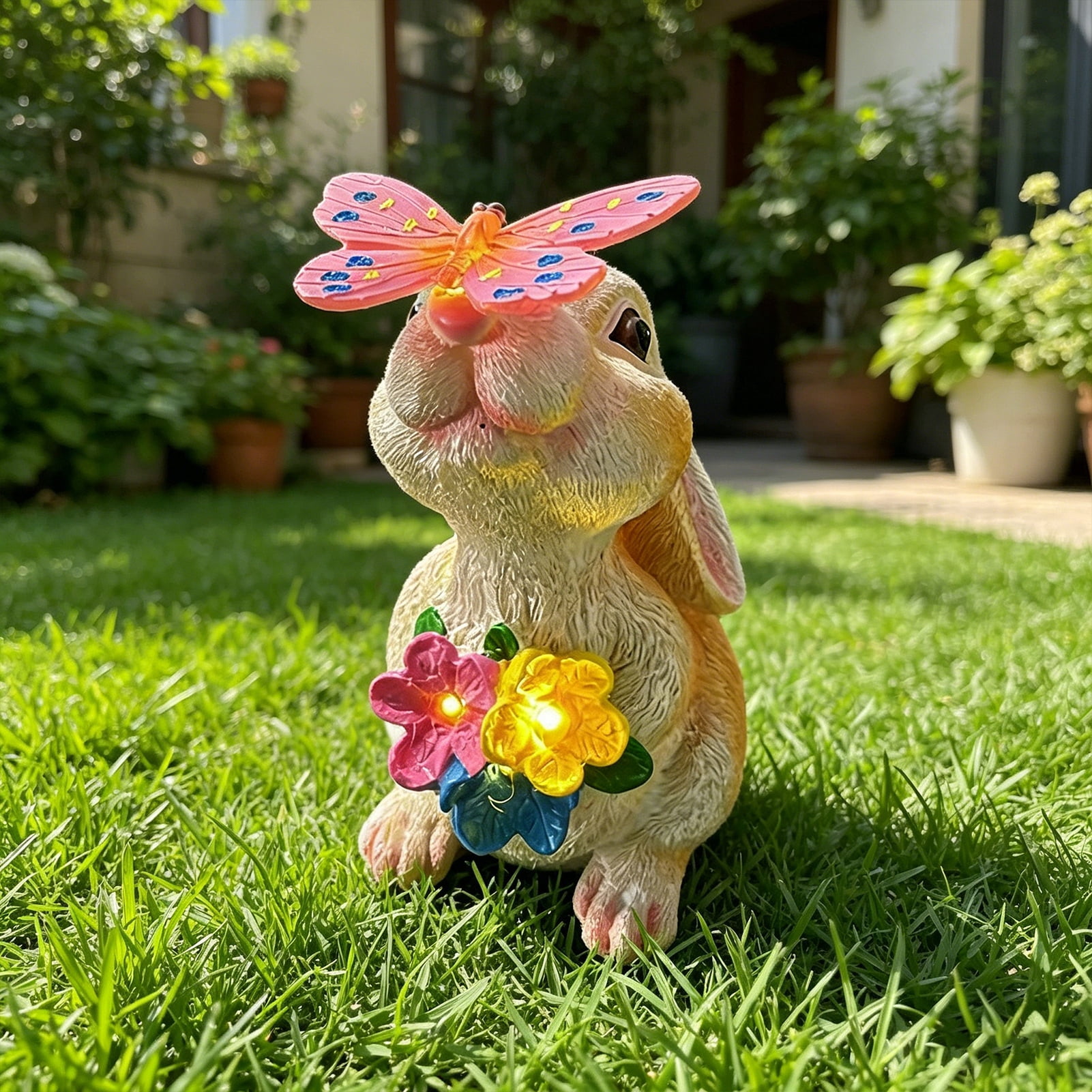 wutoase Bunny Garden Statue, Resin Rabbit Figurine with Butterfly, Waterproof Yard Art for Patio Balcony Lawn House