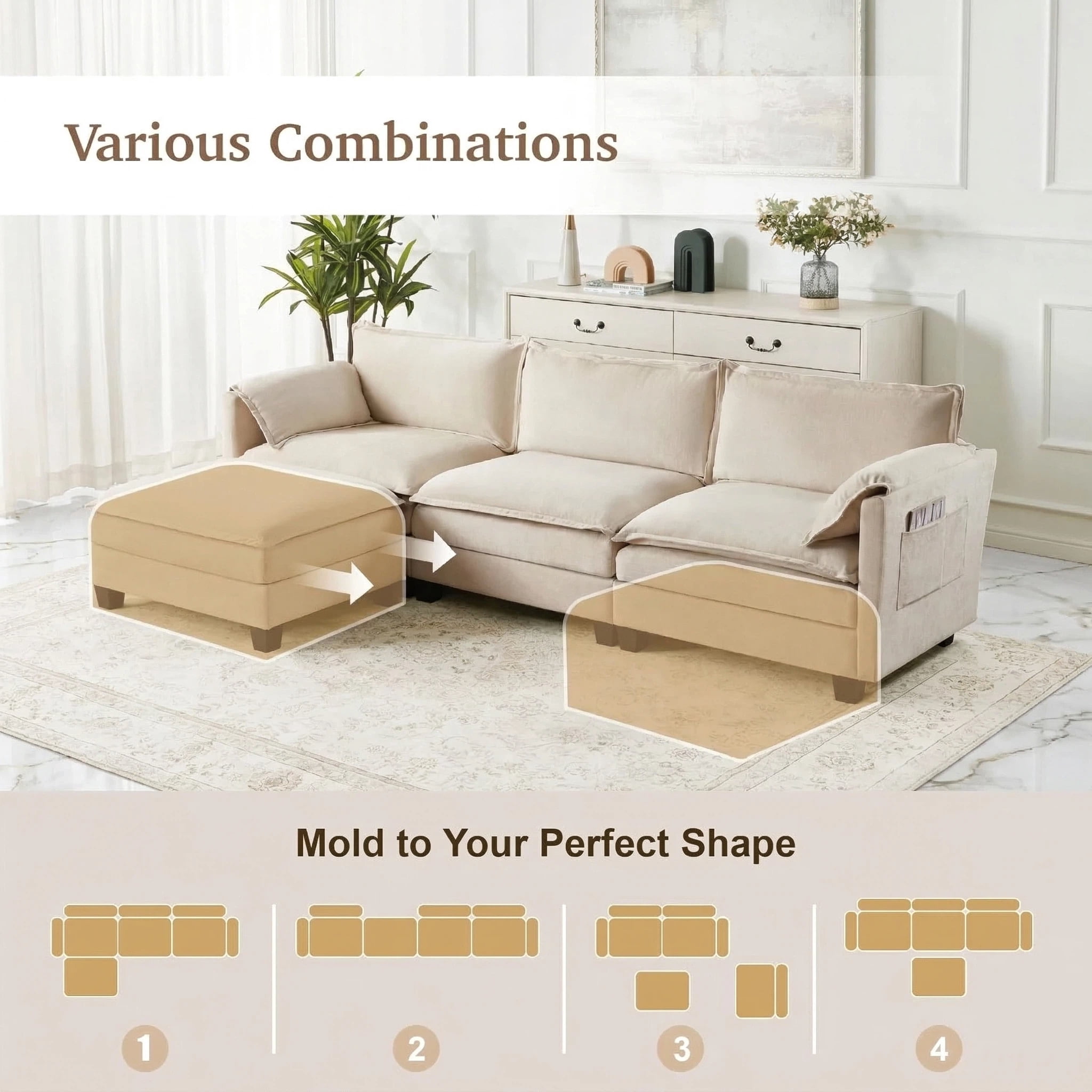 AISWORD 107.4" L Shaped Modular Sectional Sofa with Movable Ottoman & Side Storage Pockets, 4 Seat Convertible Set for Living Room & Office, Beige