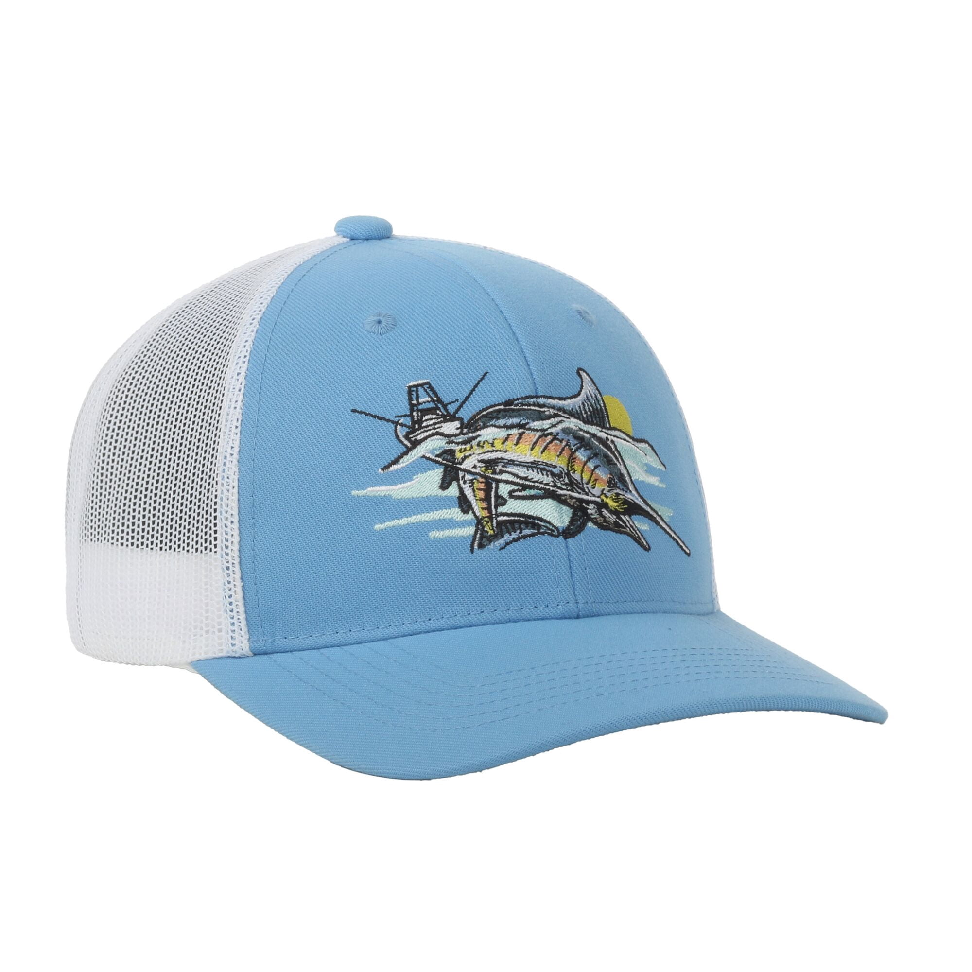 Blue/White Marlin 6-Panel Fishing Cap – Structured, Embroidered, Snapback, One Size