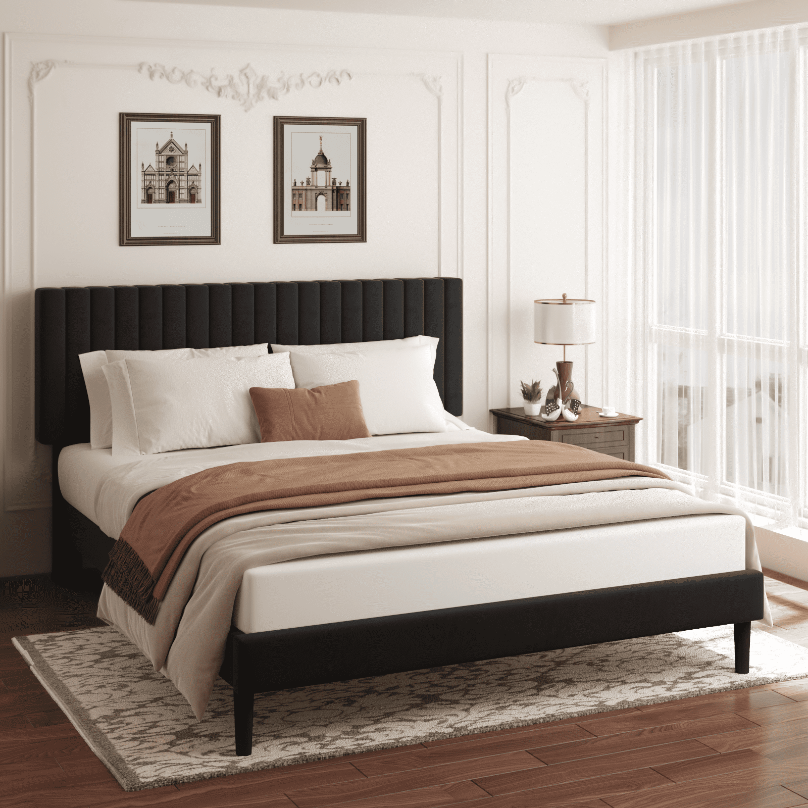 VIPLOV Full Size Bed Frame with Velvet Upholstered Headboard, Platform Bed with Strong Wood Slats, Mattress Foundation, Box Spring Optional, Easy Assembly, Black
