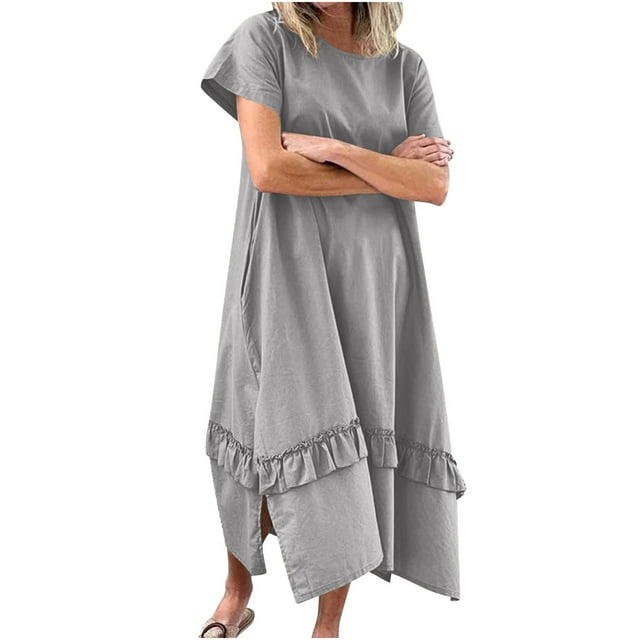 yoeyez Robe en Lin pour Femmes Grande Taille, Robe d'Été à Manches Courtes Col Rond avec Volants Fendue Maxi Robe Fluide de Plage Grise, TG