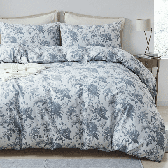 100% Cotton Duvet Cover Set – Blue Grey Foliage Print Bedding Set 3 Pieces, Breathable Lightweight Comforter Cover with Zipper Closure, French Country Vintage Floral Bed Set