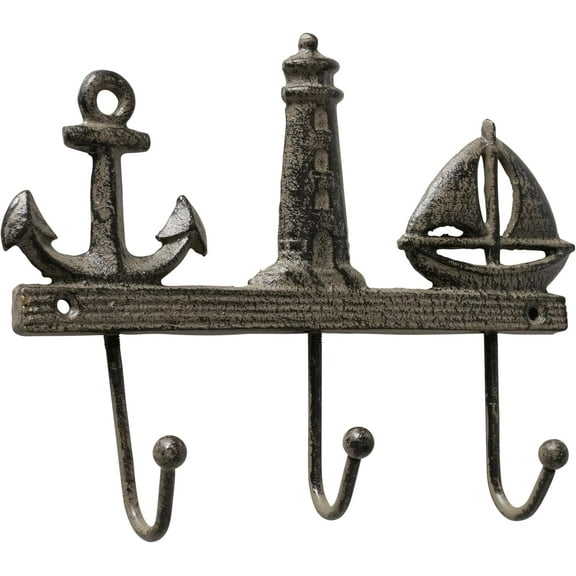 Old Forge Nautical Coat Hook Rack, Anchor, Lighthouse and Sailboat Motif, 3 Ball Tip Hooks, Rustic Brown Patina Over Black, Cast Iron, 8.25 Inches