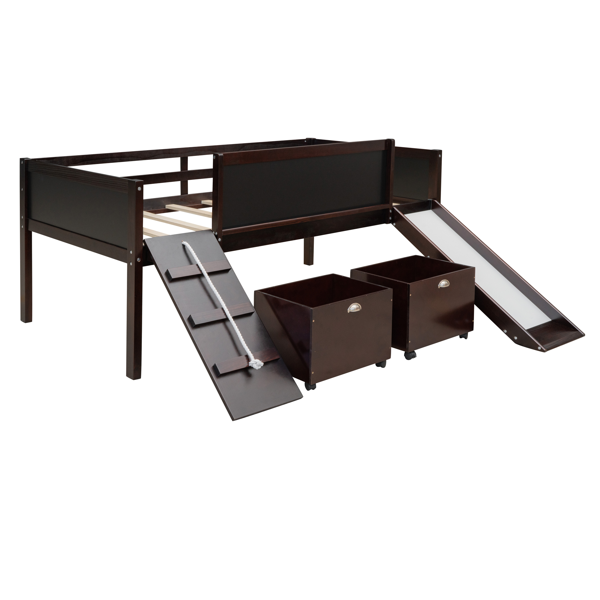 Euroco Wood Twin Size Loft Bed with Slide, Cabinets and Chalkboard,  Climbing and Rope Design for Kids, Espresso