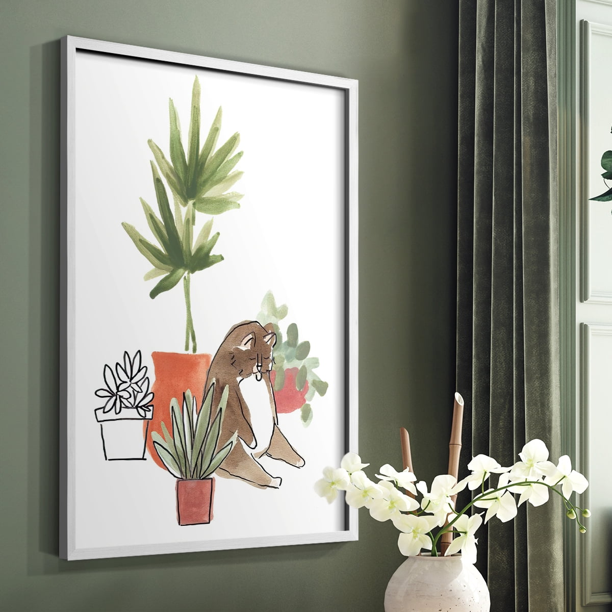Purrfect Plants II Framed Print in White Solid Wood Framed Print No Nail Hanging