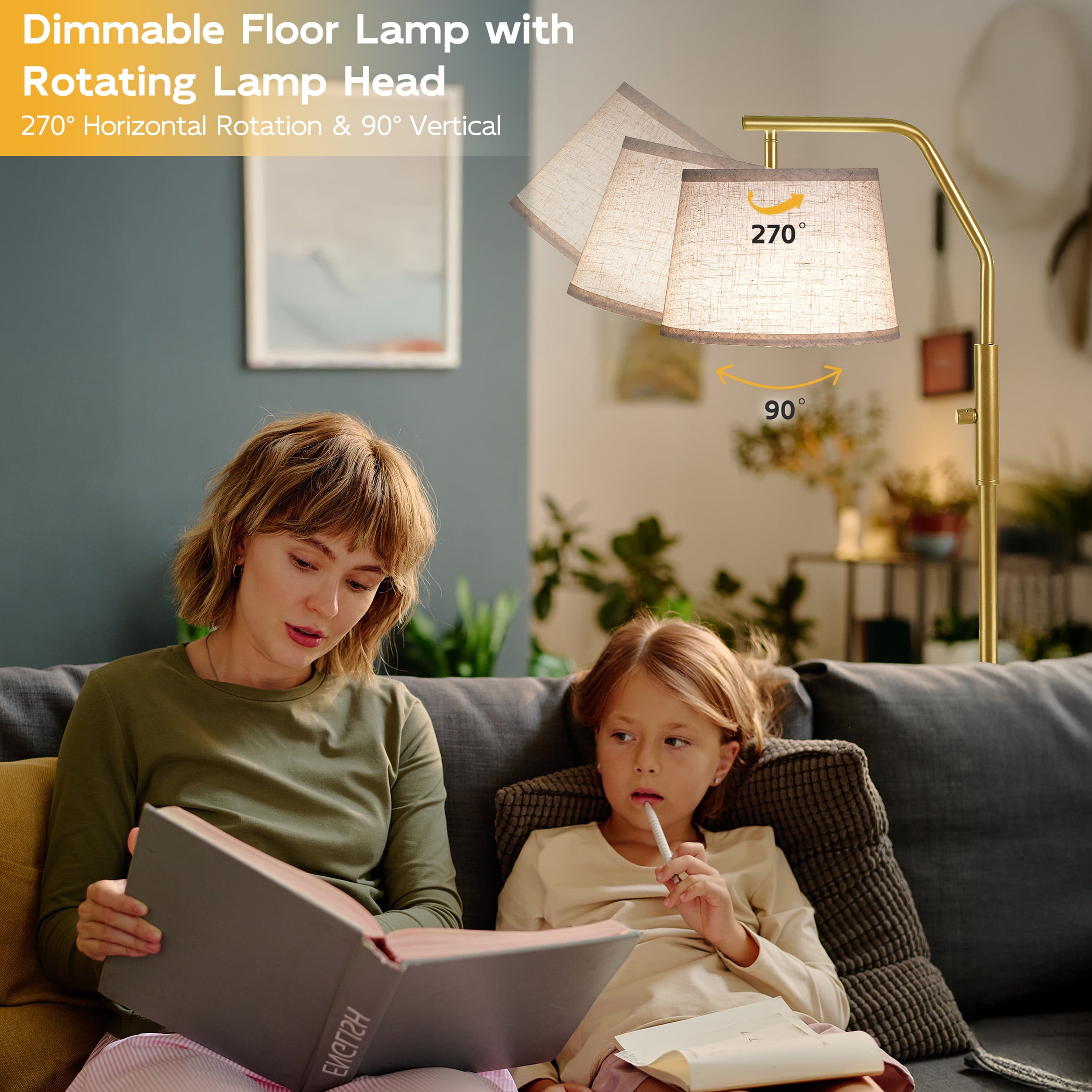 SUNMORY Floor Lamp for Living Room, 9W Bulb Included, Lamp for Bedroom with Adjust Head, Standing Lamp with Rotary Switch, 0-100% Dimmable Floor Lamp for Living Room Bedroom Office Nursery, Gold