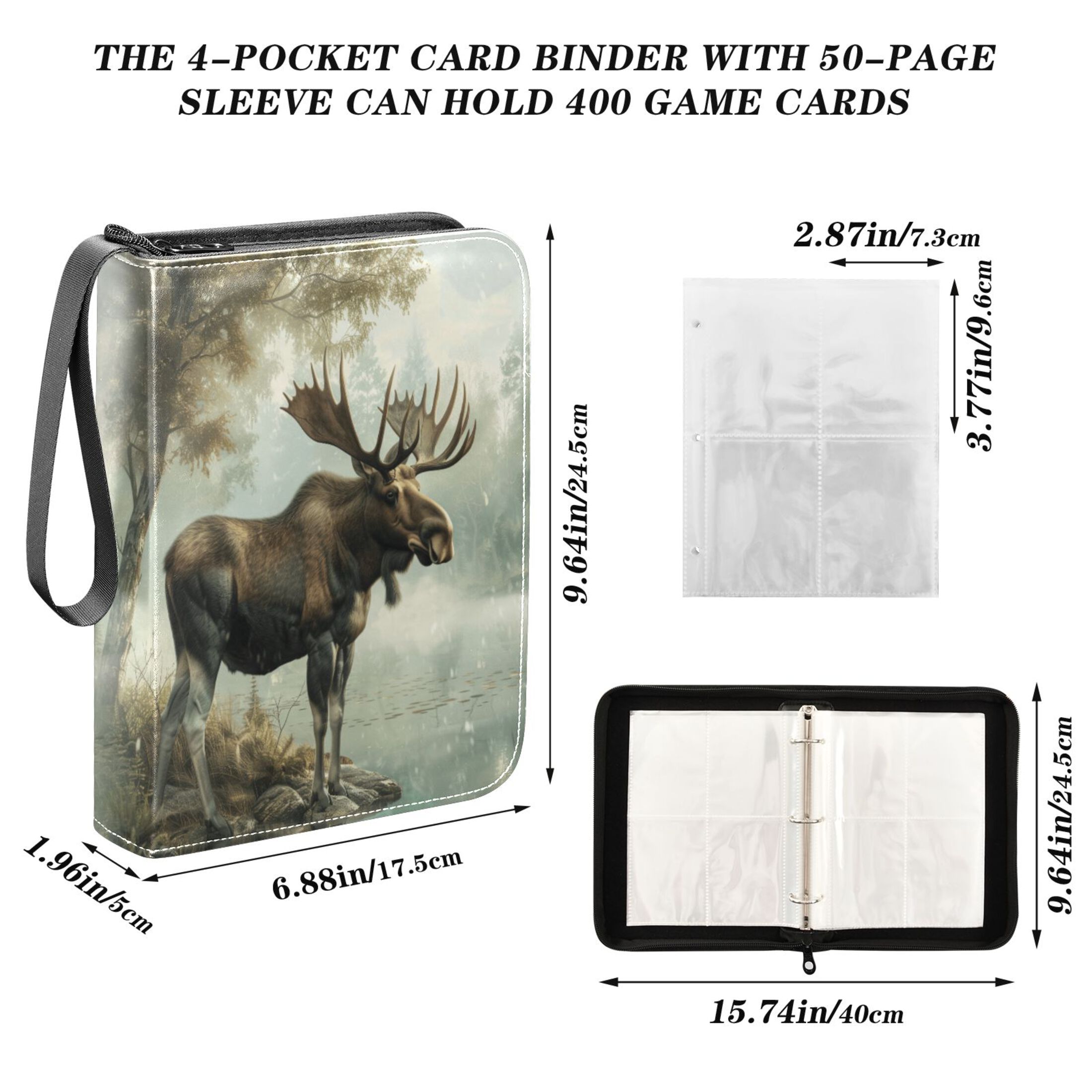 Trading Card Binder Album 400 Pockets 50 Removable 4-Pocket Pages Waterproof Moose on Misty Lake
