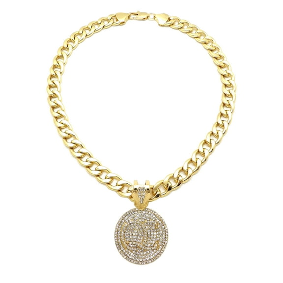 Stone Stud QC Initials Medal Pendant with 11mm Cuban Chain Necklace, Gold-Tone, 18"