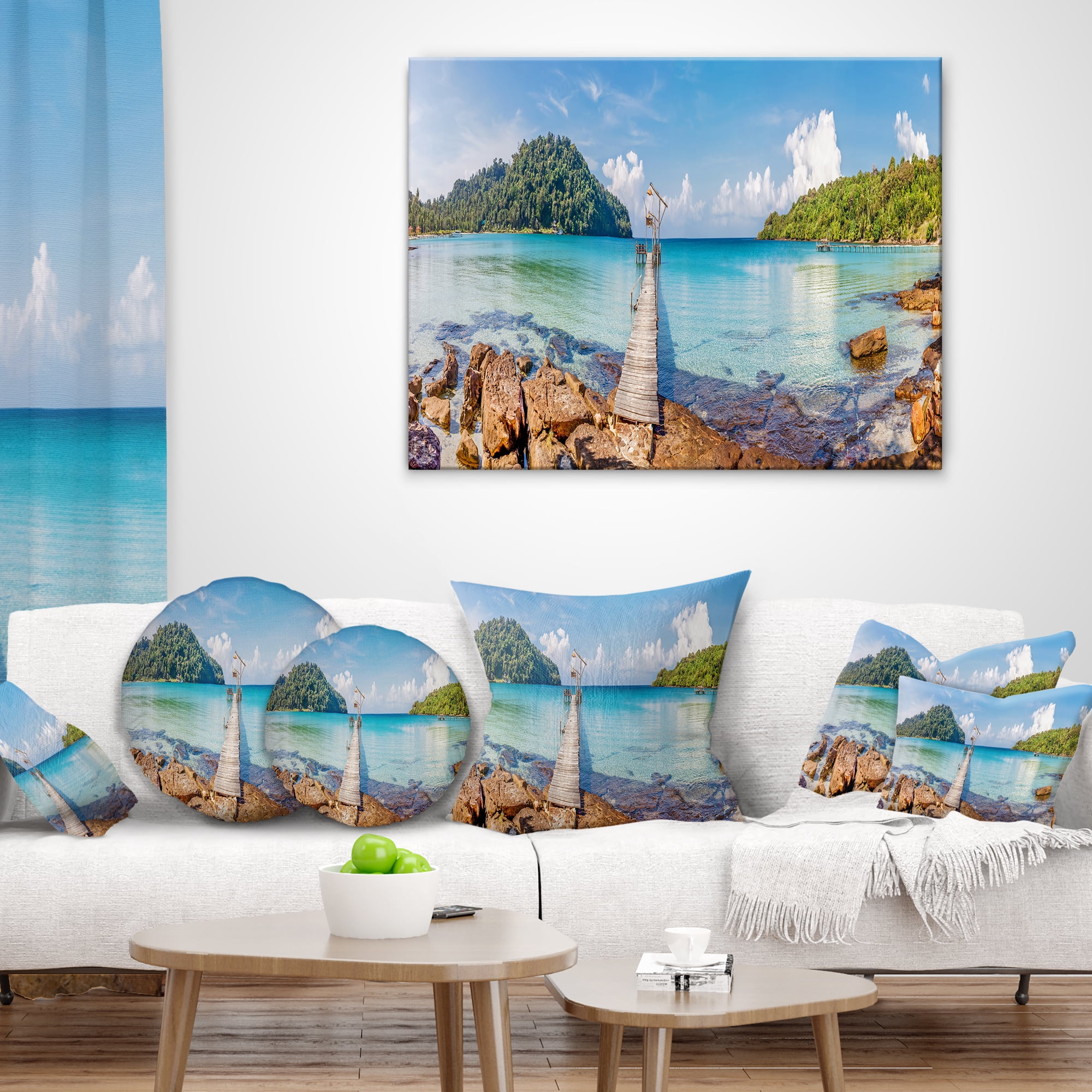 Designart Pier to the Island Panorama - Landscape Photography Throw Pillow - 18x18