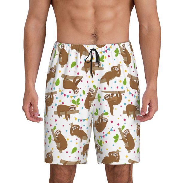 Balery Cute Sloth Pantalones cortos de pijama de punto de algodón para hombre con cinturilla y bolsillos-Large