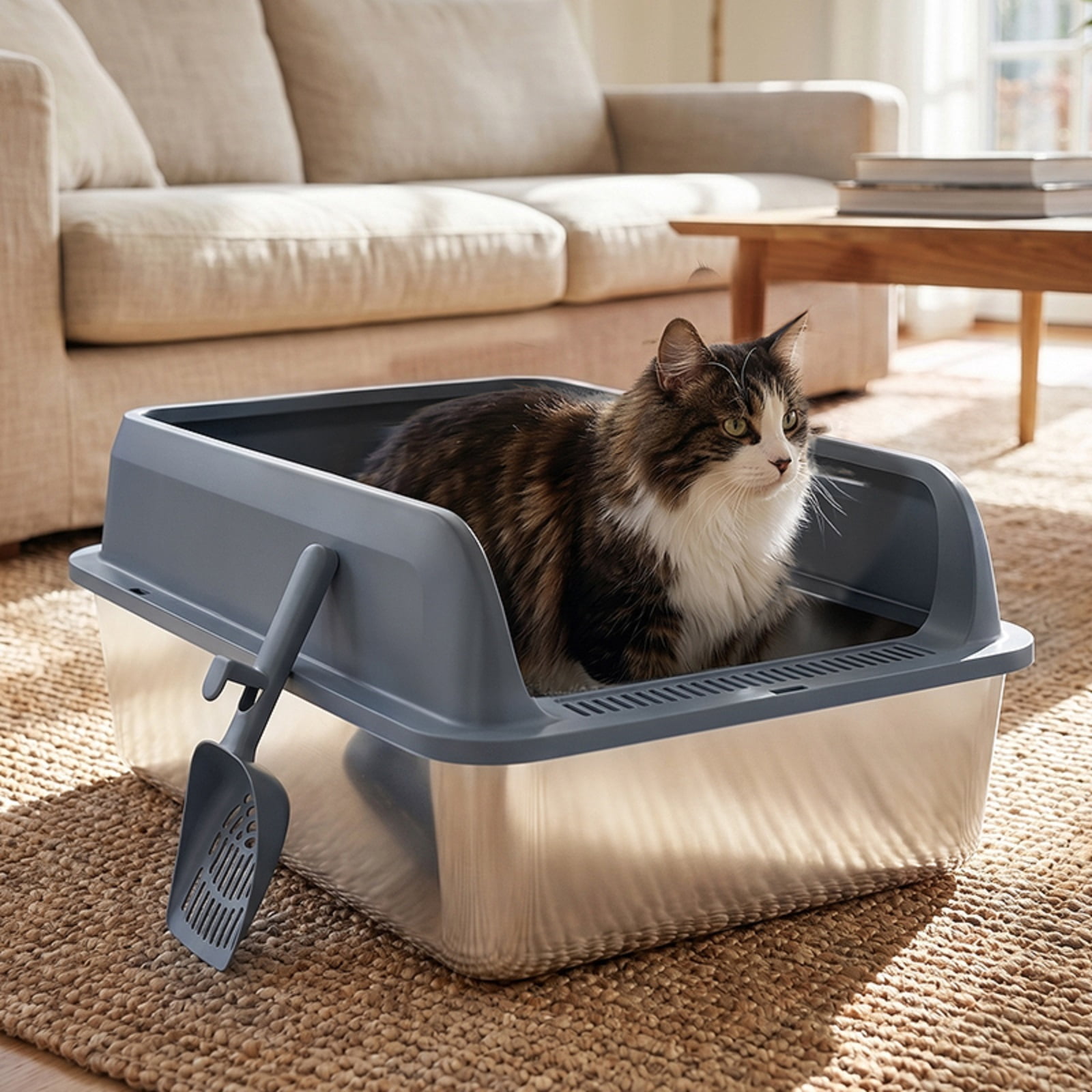 Stainless Steel Litter Box, High Sided Cat Litter Box, Metal Litter Pan with Lid, Extra Large Litter Box with Scoop, Dark Gray