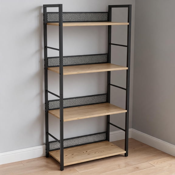 Industrial 4-Tier Tall Narrow Bookshelf, Freestanding Open Metal & Wood Bookcase with Guard Panels - Matte Black & Natural Wood