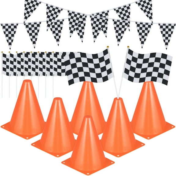 Abaima 19 Pcs Race Car Party Supplies for Kids, 6 Traffic Cones Pre-Drilled with 12 Racing Checkered Flags with Sticks and 33 Ft Pennant Flag Banner, Race Car Theme Party Decorations