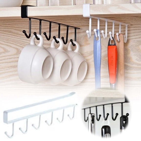 1 Pack Hanging Hooks Rack Under Cupboard Cabinet Cup Holder 6 Hooks Drilling Free Coffee Mug Holder Kitchen Utensil Storage Organizer Hook Rack (White)