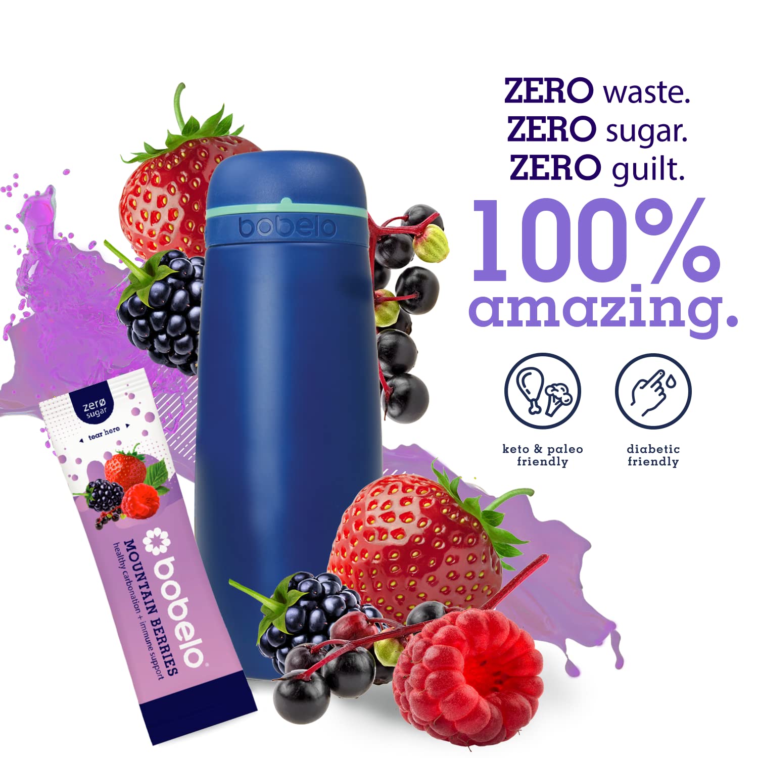 Bobelo Hydration Powder Packets, Mountain Berry, Immune Support Drink Mix, on-The-Go, 0.28 oz, 30 ct