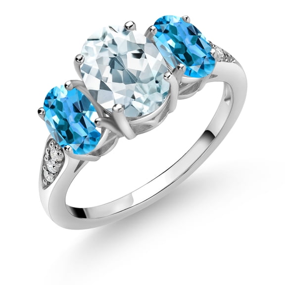 Gem Stone King 10K White Gold Sky Blue Aquamarine Swiss Blue Topaz and White Lab Grown Diamond 3 Stone Engagement Ring for Women (2.34 Cttw, Gemstone Birthstone, Size 8)