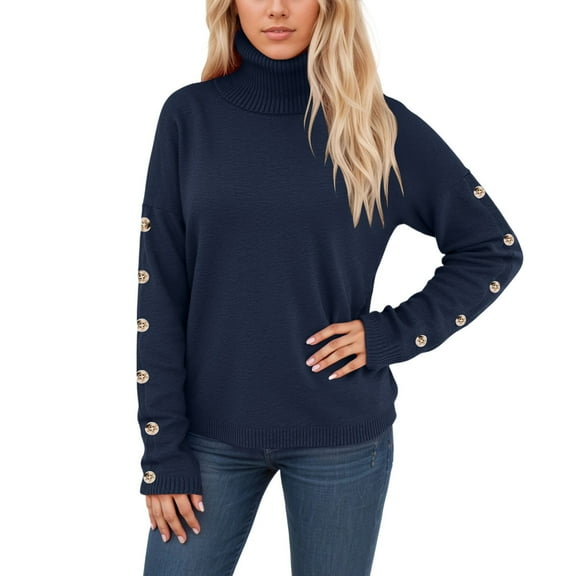 Women's Sweater Button Long Sleeve Elegant Turtleneck Knitted Plus Size Warm Winter Sweaters
