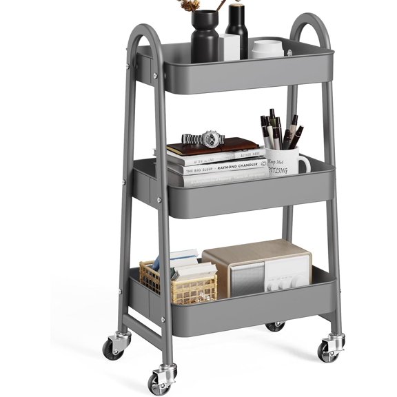 3 Tier Utility Rolling Cart, Metal Mobile Storage Shelf with Lockable Caster Wheels, Organization for Livingroom, Bathroom, Kitchen, & Narrow Places, Gray