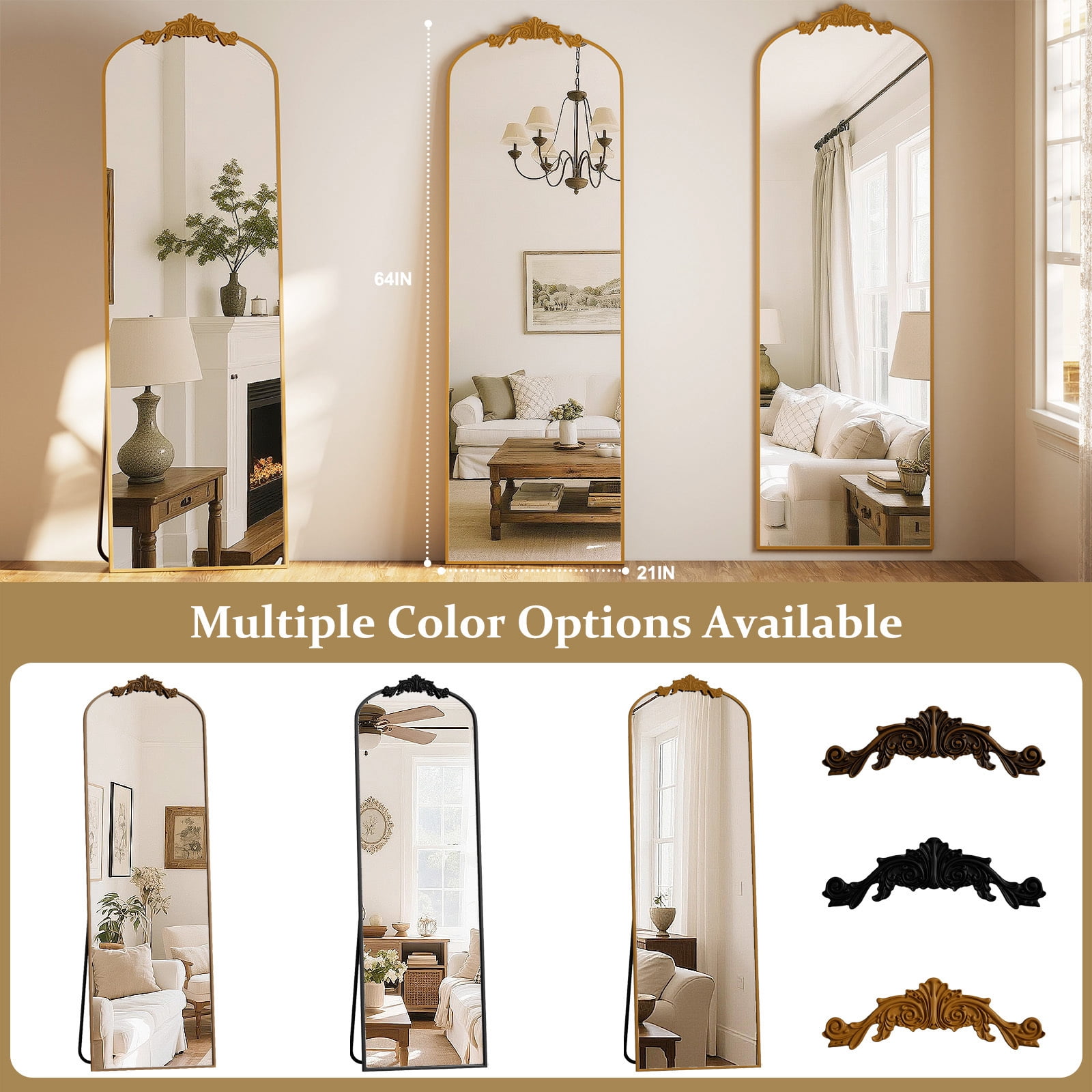 Anyrose 72"x 24" Baroque Full Length Mirror Arched Vintage Floor Mirror with Stand, Gold