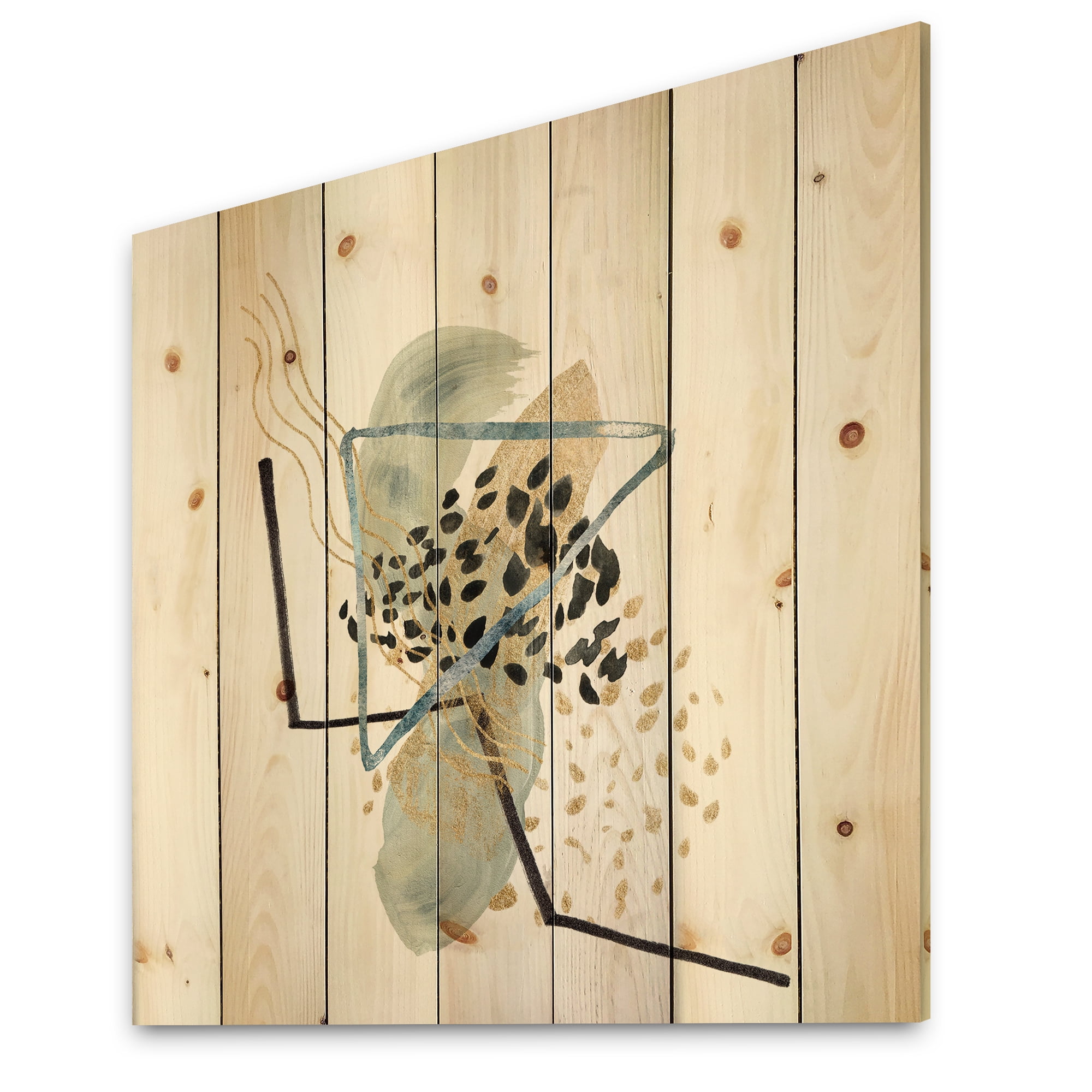 Designart 'Minimalistic Golden Polka Dots and Ink Mountains' Modern Print on Natural Pine Wood