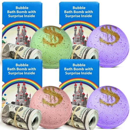 4 Set Bath Bombs with Money Surprise Inside - Prize up to 100 Inside - Handmade from Natural and Organic Ingredients - Made in USA