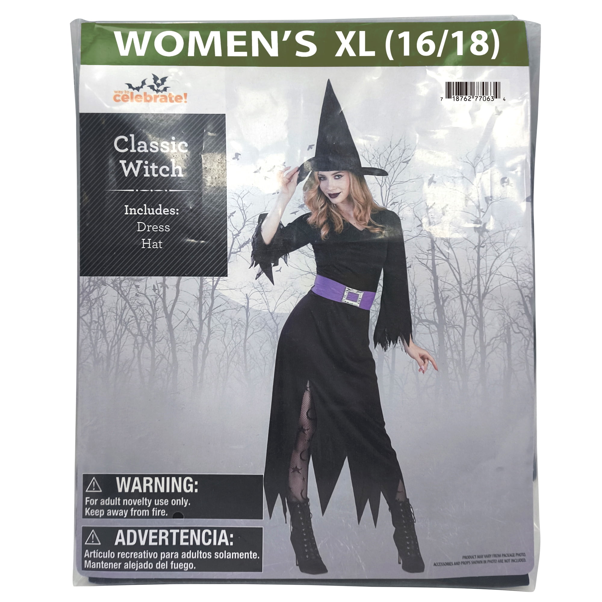 Classic Witch Halloween Costume for Adults, Women's Size XL (16/18), by Way to Celebrate