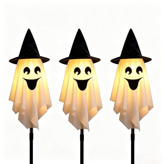 Halloween Decorations Outdoor, Ghost Halloween Lights Set of 3, LED Ghost Stake Lights with Polyester Fabric, Battery Operated for Lawns, Patios, Walkways, Porch, Yard and Garden Decor