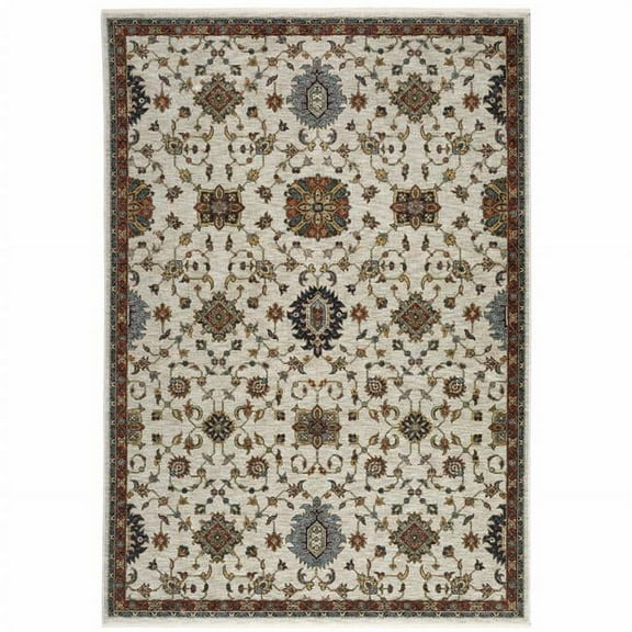 2 x 3 ft. Ivory Gray Rust Red Gold & Shades Of Blue Oriental Power Loom Stain Resistant Rectangle Area Rug with Fringe